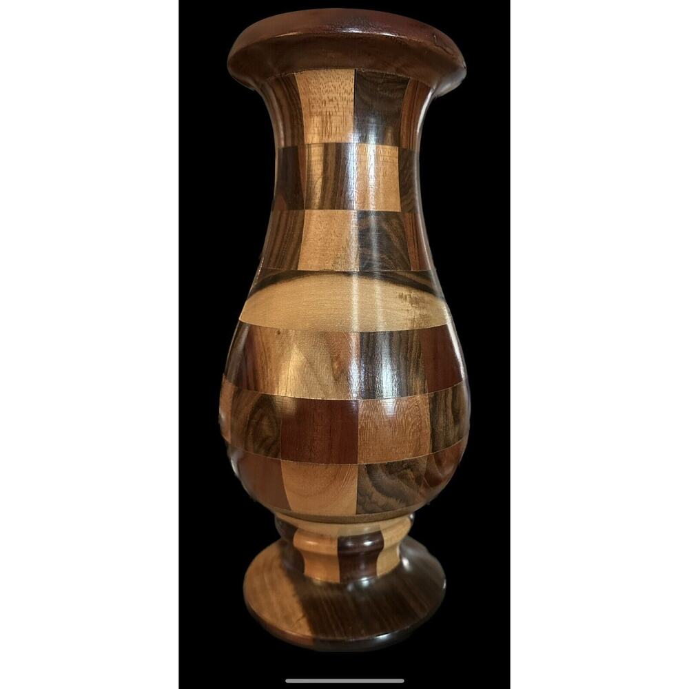 Handcrafted Checkerboard Wood Vase - Brown & Tan Home Art Sculpture